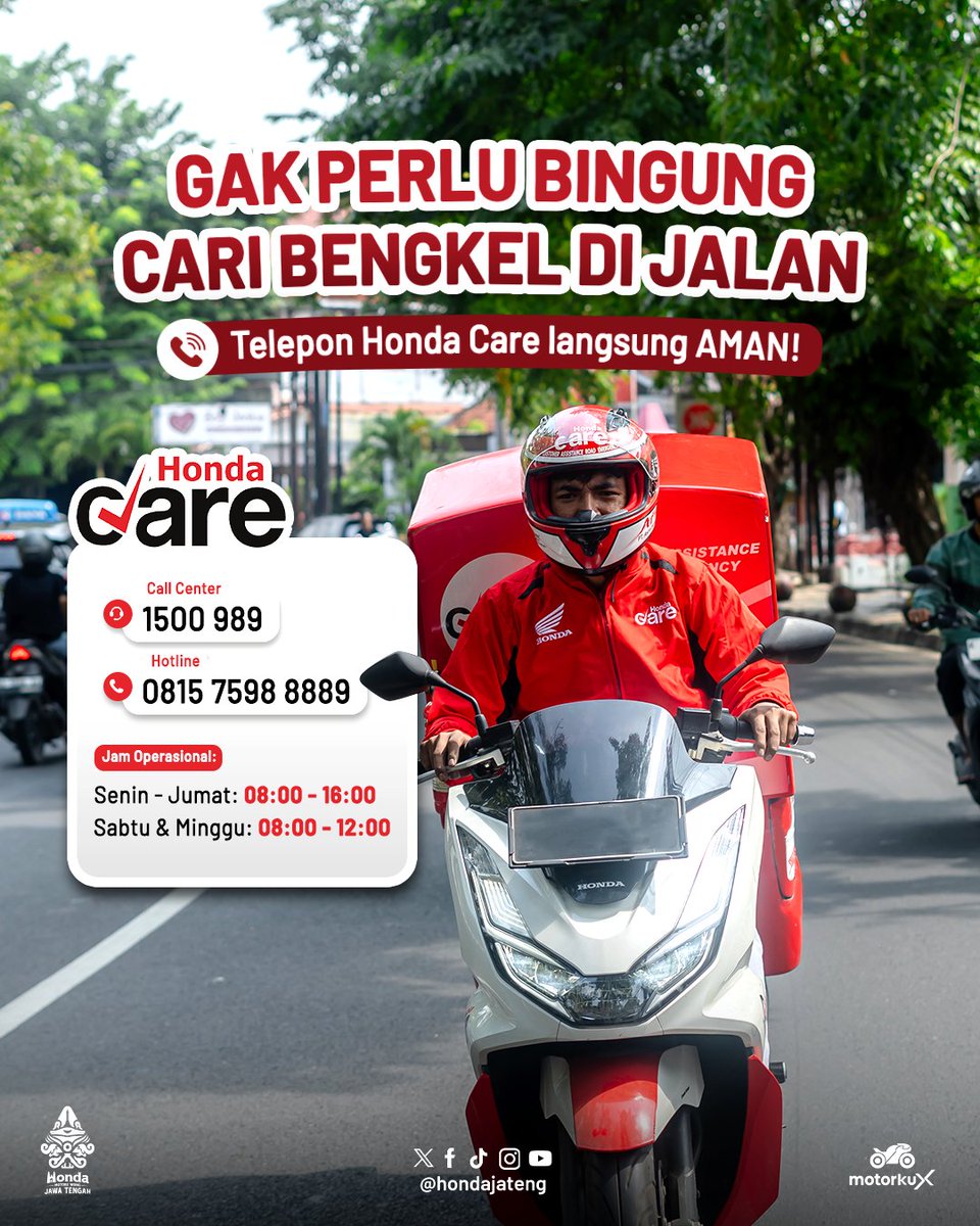 Bingung nyari bengkel nggak ketemu-ketemu? Mending hubungi Honda Care aja lur, mekanik kami akan langsung meluncur ke lokasimu lur!

Call Center 1500 989
Hotline 0815 7598 8889

#HondaJateng #MotoreWongJawaTengah #AstraMotorJateng