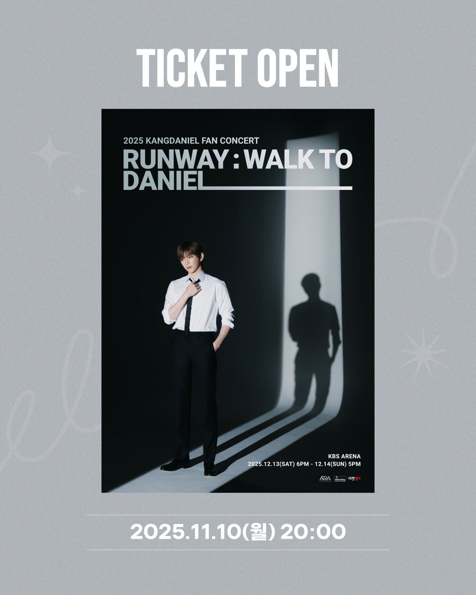 📌티켓 오픈 소식📌
#단독판매
2025 KANGDANIEL FAN CONCERT [ RUNWAY : WALK TO DANIEL] 팬클럽 선예매 티켓 오픈 안내!

📍11/10(월) 20시 티켓 오픈!

걸어온 모든 순간,
그리고 우리가 함께 걸어갈 길.
더 멀리가기 위한 시작
그 길 위에서 만나요

예매하기👉buly.kr/31U9qO1