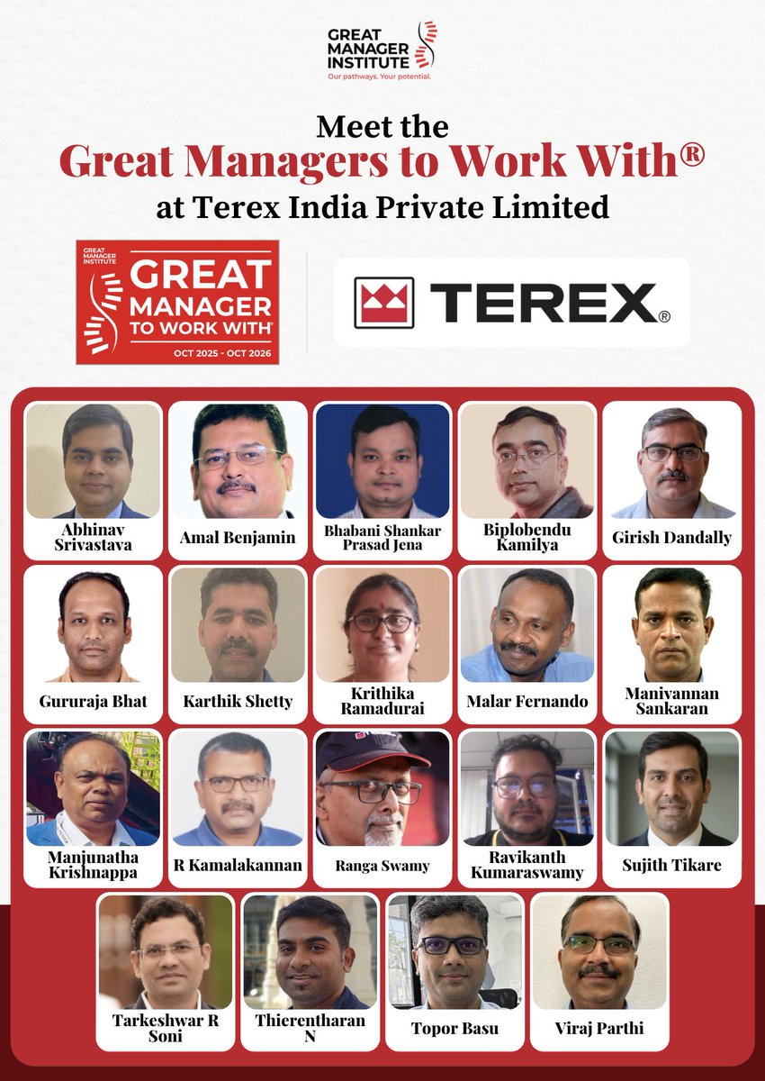 Congratulations to all the managers at <a href="/TerexIndia/">Terex India</a> who have been recognized as Great Managers to Work With® — a distinction earned by surpassing the threshold on our People Management Effectiveness Score. 

Meet the Great Managers to Work With®

#GreatManagerToWorkWith #GMTW
