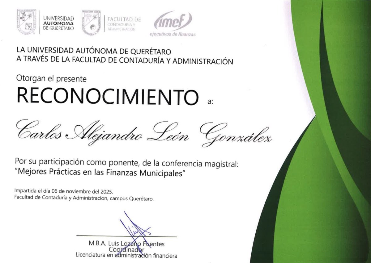 ¡Comprometido con la excelencia técnica en #Finanzas! 📊

Un gusto enorme participar como ponente en la Conferencia: "Mejores Prácticas en las Finanzas Municipales" en la <a href="/UAQmx/">UAQmx</a> <a href="/IMEFOficial/">IMEF Oficial</a> 

#GestiónPública #Lidera #FinanzasPúblicas