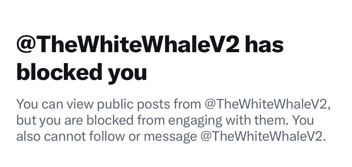 White Whale blocked Me 🤷🏻‍♂️

but I never said anything against them, Even I shared his bravery in a thread 🧵 

I’ve always supported and followed White Whale from the start 🫡

Seeing this block after all my support really hurts 🐋 

Respected <a href="/TheWhiteWhaleV2/">The White Whale</a> 🩵
