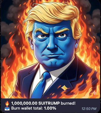 SUITRUMPCOIN's tweet photo. 1% of SUITRUMP has been forever BOUGHT and BURNED out of circulation. This is done through our own Dex @suidexHQ 

What other Memecoin has it's own Dex that buys and burns the supply? 

Recaptured $500,000 Marketcap. This is just the beginning. 

Buy SUITRUMP at https://t.co/3DREPxjKQr