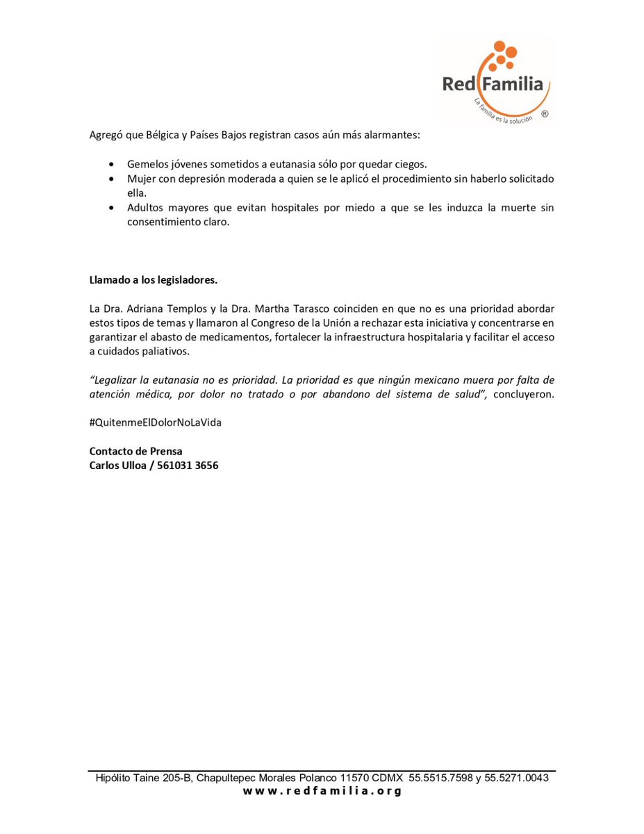 🚨 Legalizar la eutanasia no es la solución.

La verdadera urgencia en México es que ningún paciente muera por falta de atención médica, dolor no tratado o abandono del sistema de salud. 🏥

💙 #QuítenmeElDolorNoLaVida