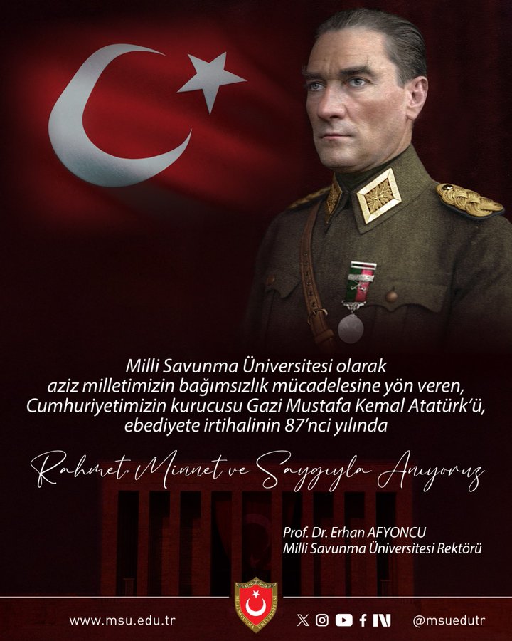 Portrait of a man in military uniform with shoulder epaulets, medals, and a stern expression, standing against a red background with the Turkish flag featuring white crescent and star on the left side, overlaid with Turkish text announcing faculty appointment at Milli Savunma University, including name Doç. Dr. Erhan Afyuncu, university logo shield at bottom right, and social media handles.
