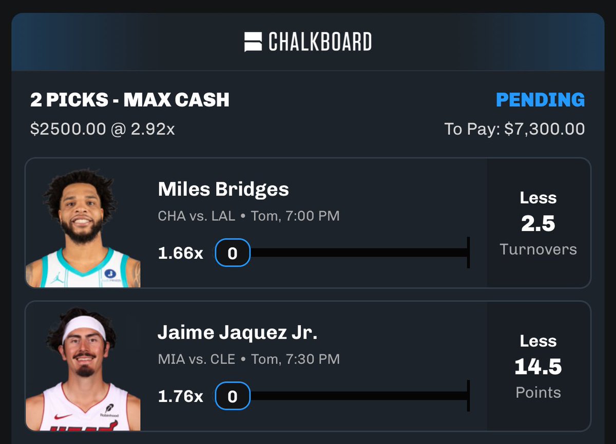 YOU CAN'T FIND THESE LINES ANYWHERE ELSE! 😨 

🐝 Miles Bridges u2.5 TOV
🔥 Jaime Jaquez u14.5 Pts

Use Code: "SPIDEY" for a 100% Deposit Match + FREE SQUARE 💰👨🏻‍🏫
🔗 streaks.chalkboard.io/cUPZ/0jt95pj6
