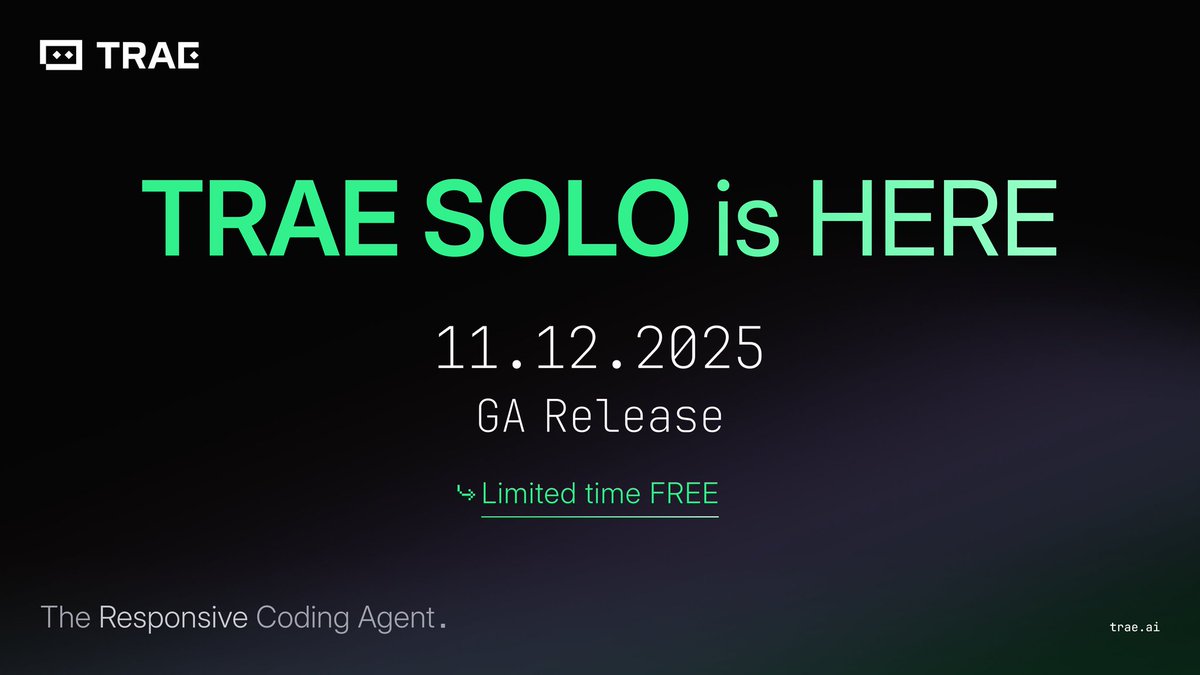 PriyaonAI's tweet photo. TRAE AI is unleashing new AI coding power! 🤯 Announcing the official release of SOLO Mode on November 12th! It's a completely FREE &amp; powerful AI coding tool, already popular in beta. A total game-changer for developers to supercharge their workflow! 🚀🔥✨ https://t.co/3VUtwBF7IE
