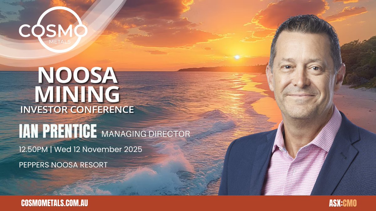 CosmoMetals's tweet image. @CosmoMetals MD Ian Prentice, will be attending and presenting at this week&apos;s @NoosaMining Investor Conference.

📅 12 - 14 November 2025
📍Peppers Noosa Resort
Register to attend in person🔗bit.ly/4ouEWR8
To view online🔗bit.ly/4oZkfN0

$CMO #Bingara #Nundle