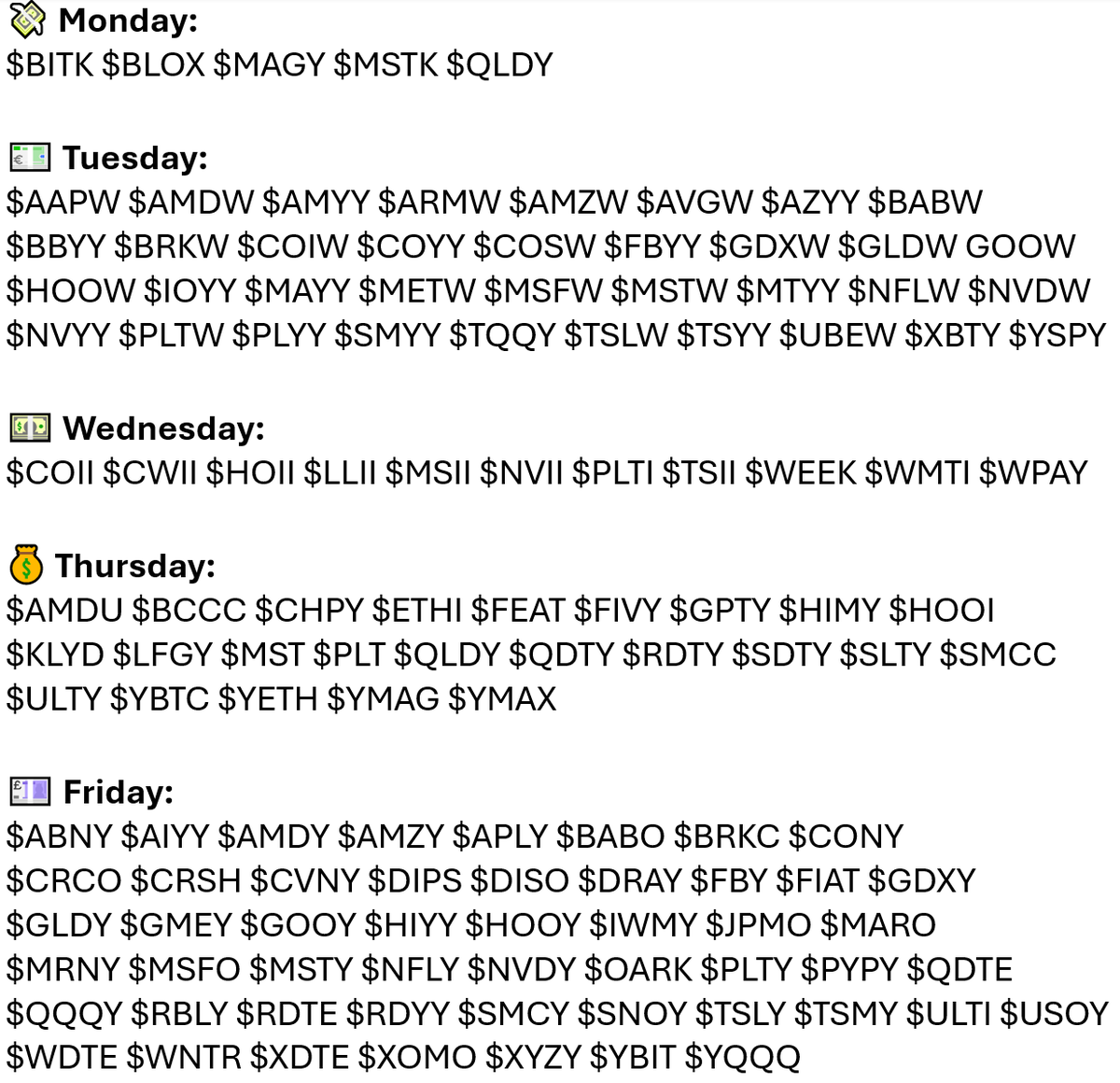 💵 The Everyday Income ETF Lineup

✨ Lineup continues to grow with 7 new funds added

📅 100+ Weekly Pay ETFs Across All Sectors

💰 Payouts Every Weekday (Mon–Fri)

⚡ High-Yield, High-Frequency Cash Flow

📊 Explore the updated payout schedule and build your own portfolio 👇