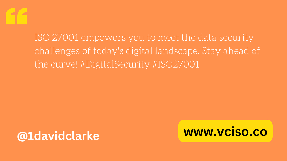 1DavidClarke's tweet image. ISO 27001 empowers you to meet the data security challenges of today&apos;s digital landscape. Stay ahead of the curve! #DigitalSecurity #ISO27001
vciso.co