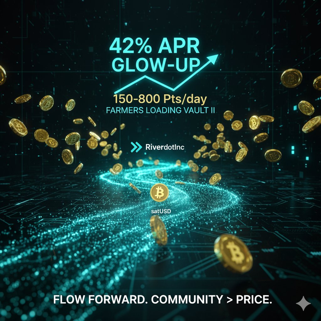 elonunmk's tweet image. From a 70% dump to a 42% APR glow up! ✨

The @RiverdotInc and @River4fun duo turns pain into pure grind. Multichain satUSD &amp;amp; RWA gold are incoming.

150-800 Pts/day farmers are loading up Vault II. Community &amp;gt; price. 
Flow forward. 🌊

#RiverProtocol #DeFi #YieldFarming #RWA…