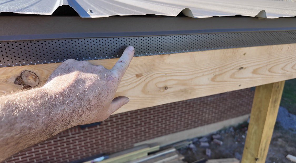 SmartEasyDIY's tweet image. These pictures are from a special perforated trim I had made for venting underneath my steel roof but on top of the roof deck but the question was how to finish it off and keep the insects out and have it vent properly. This is what I came up with. Video on my YouTube.
