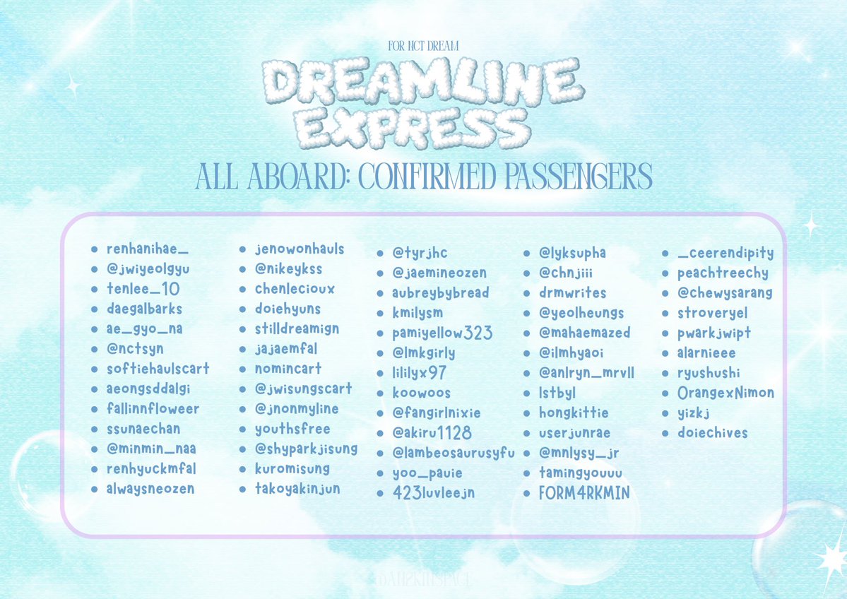 moreNCTcse's tweet image. 📣 ALL ABOARD!
Here are our Confirmed Passengers for #DreamlineExpressCSE! 💚
Names are not in any particular order.
Thank you for joining us. We can’t wait to ride to Dreamland with you 🌙⭐

See you at Q Cup Café!

#NCTDREAM #CupsleeveEventPH