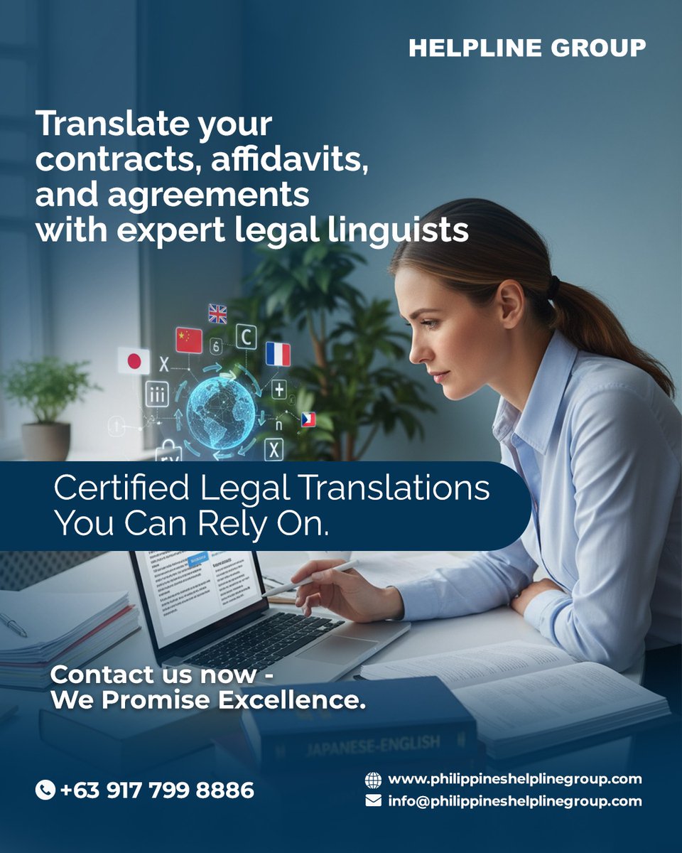 PhilippinesHel1's tweet image. With our legacy of excellence and trust, Helpline Group ensures your legal documents meet the highest global standards of accuracy and confidentiality.
#LegalTranslationServices #CertifiedTranslationPhilippines #ProfessionalTranslators #LegalDocuments #AccurateTranslation