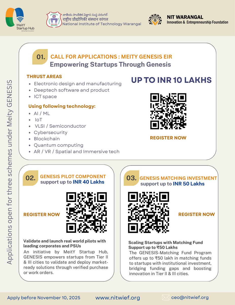 #MeitYStartupHub #GENESIS #Innovation #Entrepreneurship #StartupIndia #DigitalIndia #EiR #MatchingFund #NITW #NITWIEF #NITWARANGAL <a href="/EduMinOfIndia/">Ministry of Education</a> <a href="/meitystartuphub/">MeitY Startup Hub</a>