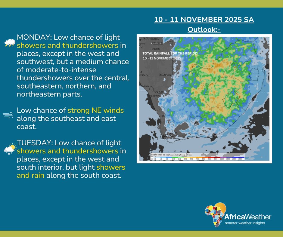 10 - 11 November 2025 Weather Outlook:-
Monday and Tuesday forecast.

10/11/2025 Android: goo.gl/Ftg97E | iOS goo.gl/qicR82 #africaweatherapp #AfricaWeather africaweather.com