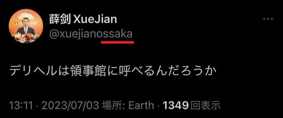 ueyamakzk's tweet image. この「デリヘル」発言は、薛剣(@xuejianosaka)の "なりすまし" によるものです(垢削除済)。

これは拾ったスクショですが、スクリーンネーム(＠～)をよく見てください、「s」が1個多い。それを隠すためにネーム後半を隠してある。これを薛剣本人の発言だと言い募るのは、デマに乗っかることになる。