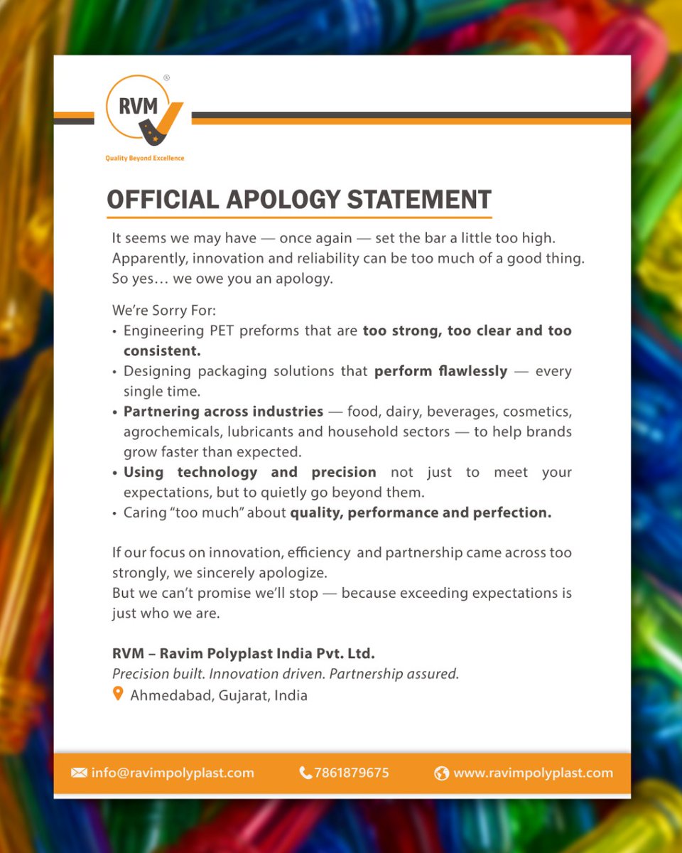 rvm_preforms's tweet photo. Official Apology Statement
We have an #apology to make but it’s not what you think. 
- Sorry our PET preforms are too strong.
- Sorry our clarity too sharp.
- Sorry we fuel your growth too well.
At RVM, exceeding expectations is just who we are.
#OfficialApology #PETPreforms https://t.co/40la239MmO