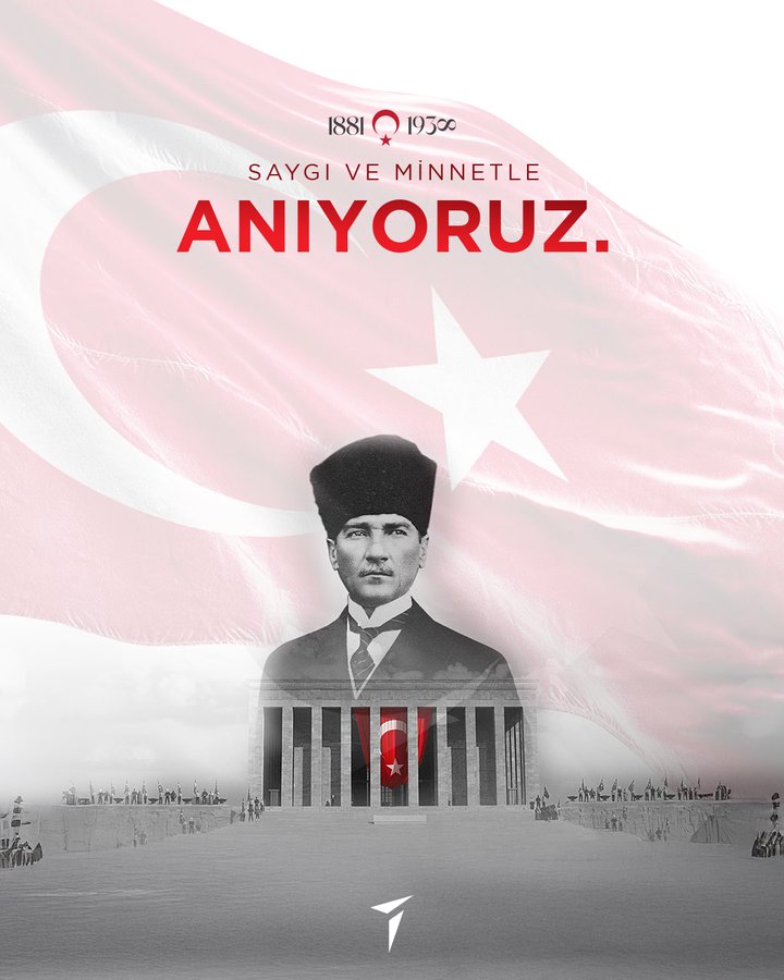 Image displays a large Turkish flag in red and white on the left side with text overlay reading 1881-1938 at the top, followed by Turkish text saygı ve minnetle anıyoruz and larger bold text ANIYORUZ in red. On the right side, a grayscale portrait of Mustafa Kemal Atatürk wearing a dark suit, white shirt, tie, and traditional fez hat, positioned in front of a neoclassical building resembling the Grand National Assembly with columns and a central emblem. At the bottom, a stylized arrow-like logo appears.
