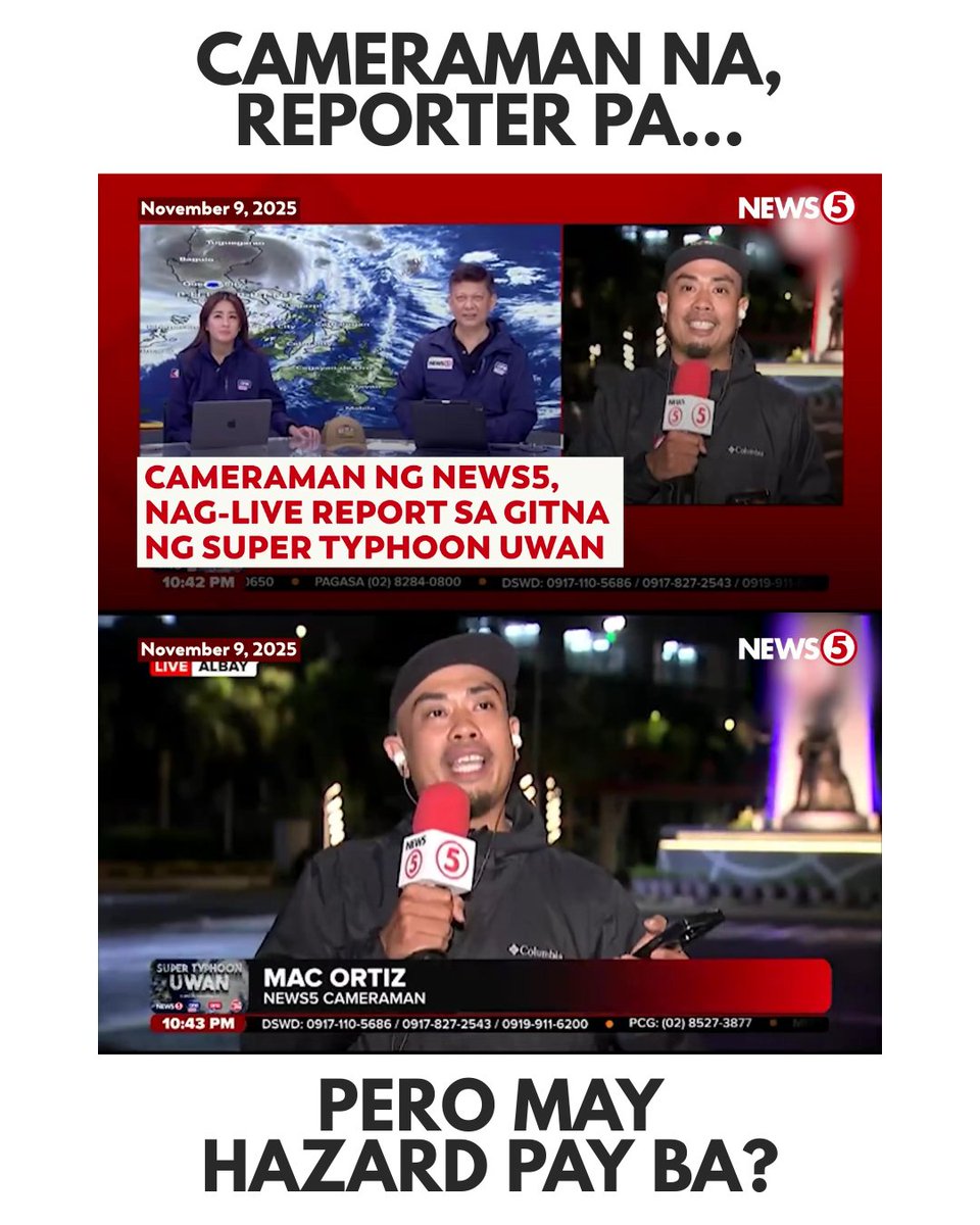 Marami ang humahanga at nagsasabing ‘multitalented’ ang cameraman na nag-live habang binabayo ng bagyo.  

Pero habang trending ang ‘dedikasyon’ at ‘multi-tasking,’ kailan kaya magiging trending ang tamang pasahod at sapat na benepisyo?  

Kasi sa totoo lang, madalas overworked,