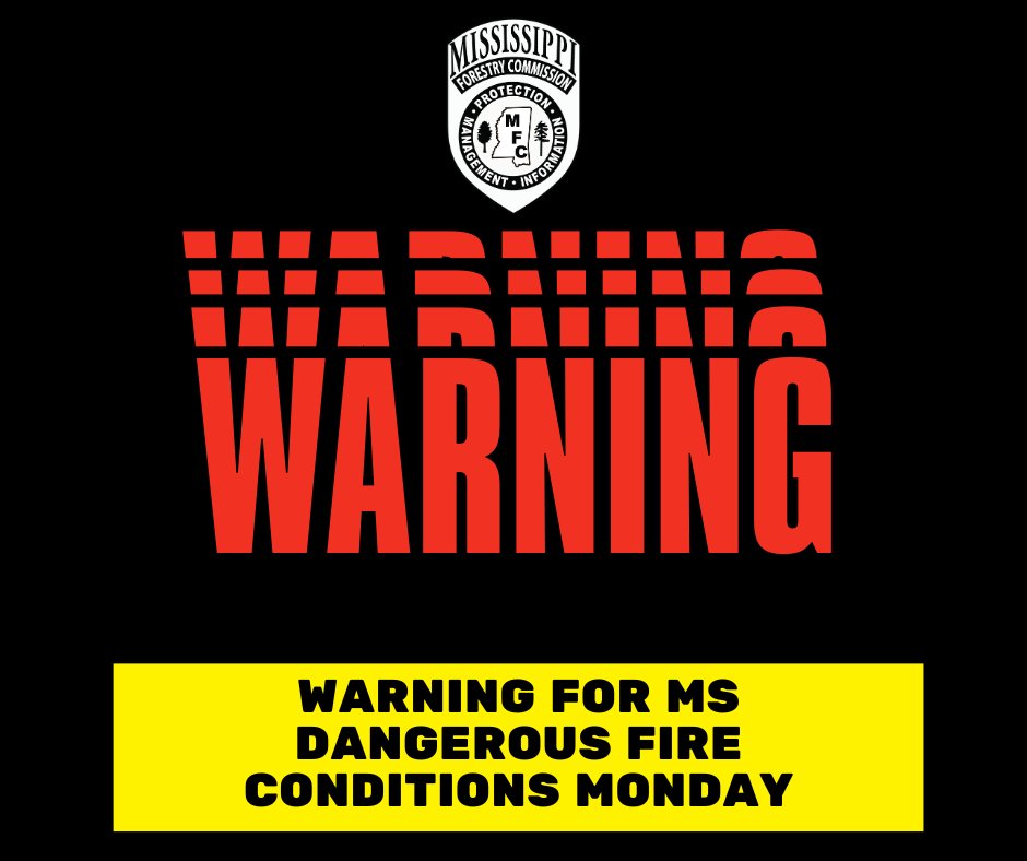 🔥 WILDFIRE WARNING: HIGH RISK on Monday, MS!

Conditions will be highly favorable for rapid wildfire spread, including low humidity and high winds. 

What to AVOID on Monday:
❌ Debris Burning
❌ Campfires, Bonfires, and Fire Pits
❌ Burning leaves or brush

#PreventWildfiresMS
