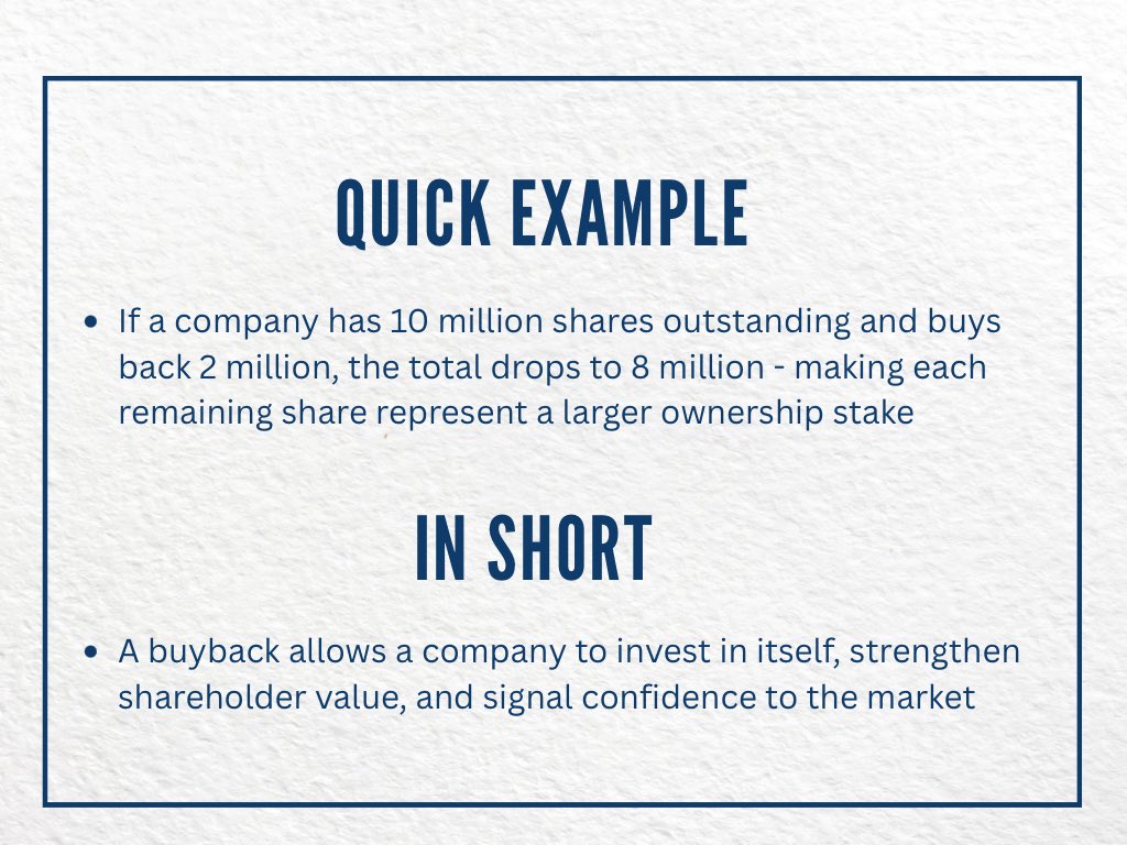 Buybacks are a common corporate strategy where companies repurchase their own shares from existing shareholders. This reduces the number of outstanding shares, strengthens ownership concentration, and can enhance shareholder value. 

Buybacks often signal financial stability and