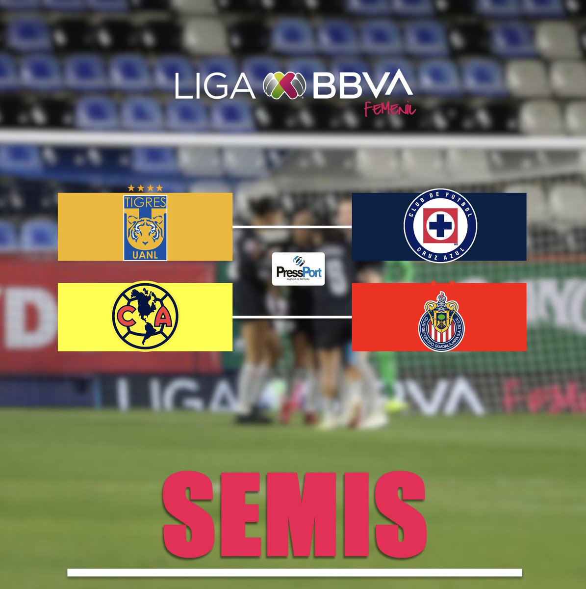 🆚🏆 ¡DEFINIDAS LAS SEMIFINALES! 

Habrá #ClásicoNacional 

<a href="/TigresFemenil/">Club Tigres Femenil 🐯</a> vs <a href="/AzulFemenil/">CRUZ AZUL FEMENIL</a> 
<a href="/AmericaFemenil/">Club América Femenil</a> vs <a href="/ChivasFemenil/">Chivas Femenil</a> 

#LigaBBVAMXFemenil
