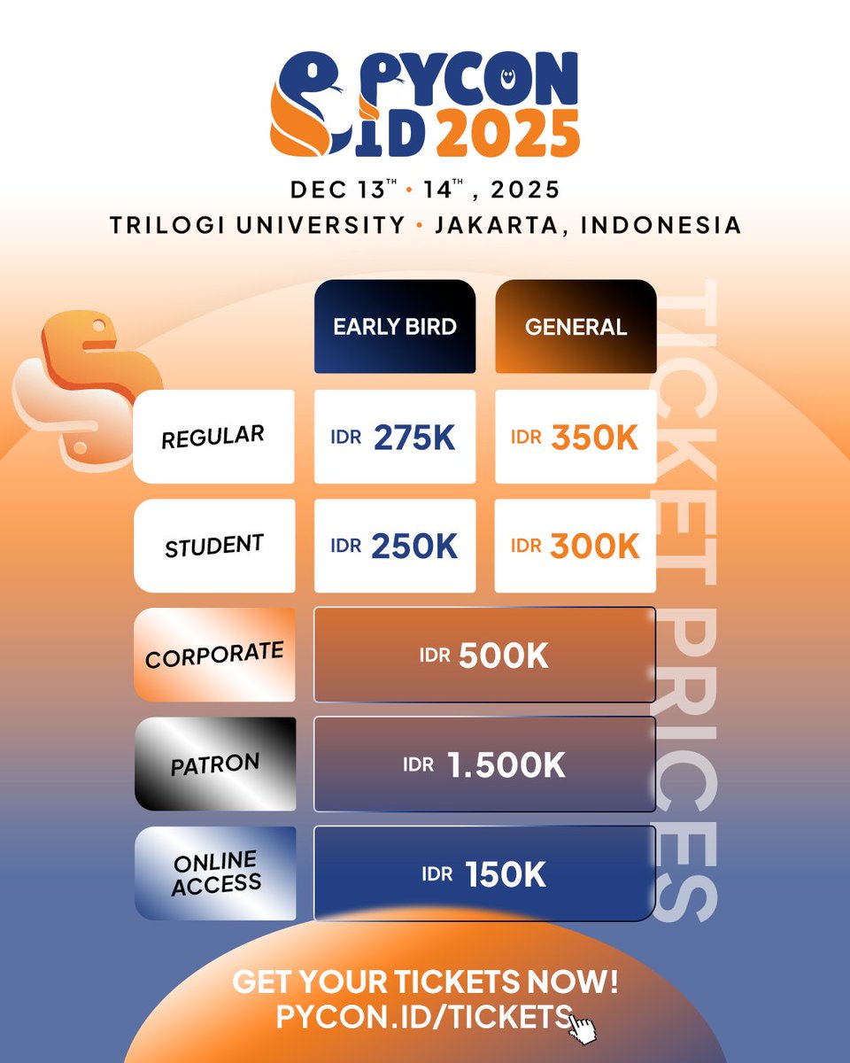 id_python's tweet image. Ticket is now available!

Get yours now at pycon.id/ticket

#PyCon #PyConID #PyConID2025 #PyConID25 #PythonID #HIMASI