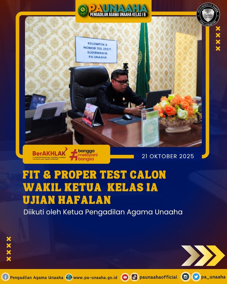 PA_Unaaha's tweet image. Ketua Pengadilan Agama Unaaha mengikuti ujian hafalan dalam rangka Fit &amp;amp; Proper Test Calon Wakil Ketua Kelas IA
#fitpropertest
#wakilketuapengadilanagama 
#paunaahasip