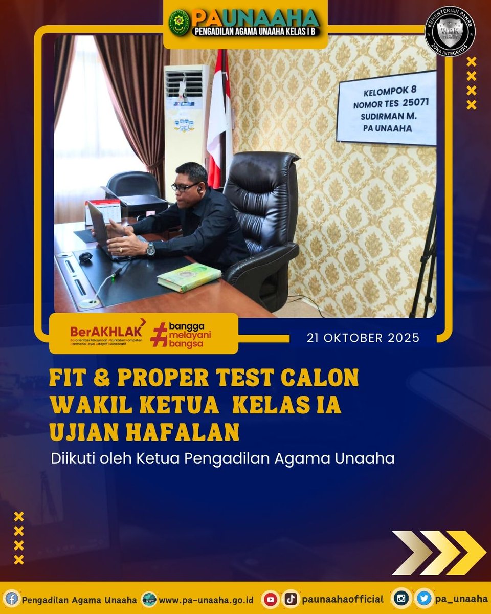 PA_Unaaha's tweet image. Ketua Pengadilan Agama Unaaha mengikuti ujian hafalan dalam rangka Fit &amp;amp; Proper Test Calon Wakil Ketua Kelas IA
#fitpropertest
#wakilketuapengadilanagama 
#paunaahasip