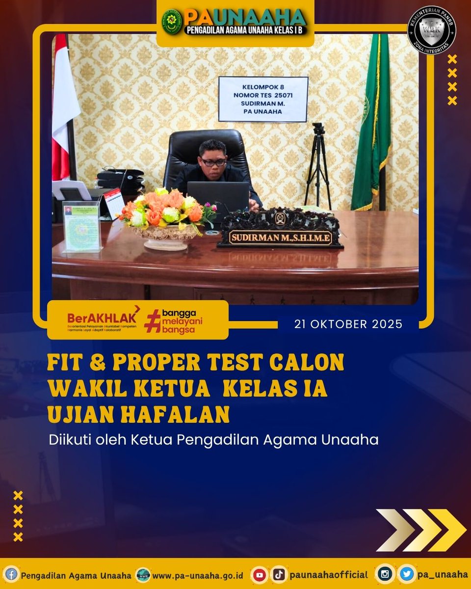 PA_Unaaha's tweet image. Ketua Pengadilan Agama Unaaha mengikuti ujian hafalan dalam rangka Fit &amp;amp; Proper Test Calon Wakil Ketua Kelas IA
#fitpropertest
#wakilketuapengadilanagama 
#paunaahasip