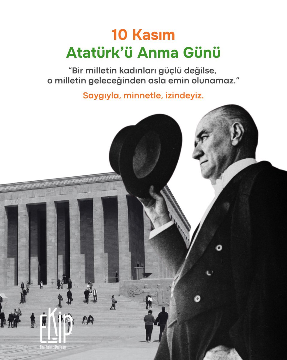 Ekip Platformu olarak bizler;Cumhuriyetimizin kurucusu Gazi Mustafa Kemal Atatürk’ü, ve onun kadınlara verdiği değeri her gün üreterek, dayanışmayla ve umutla yaşatıyoruz.

Saygı, özlem ve minnetle…

#EkipPlatformu #10Kasım #Atatürk
