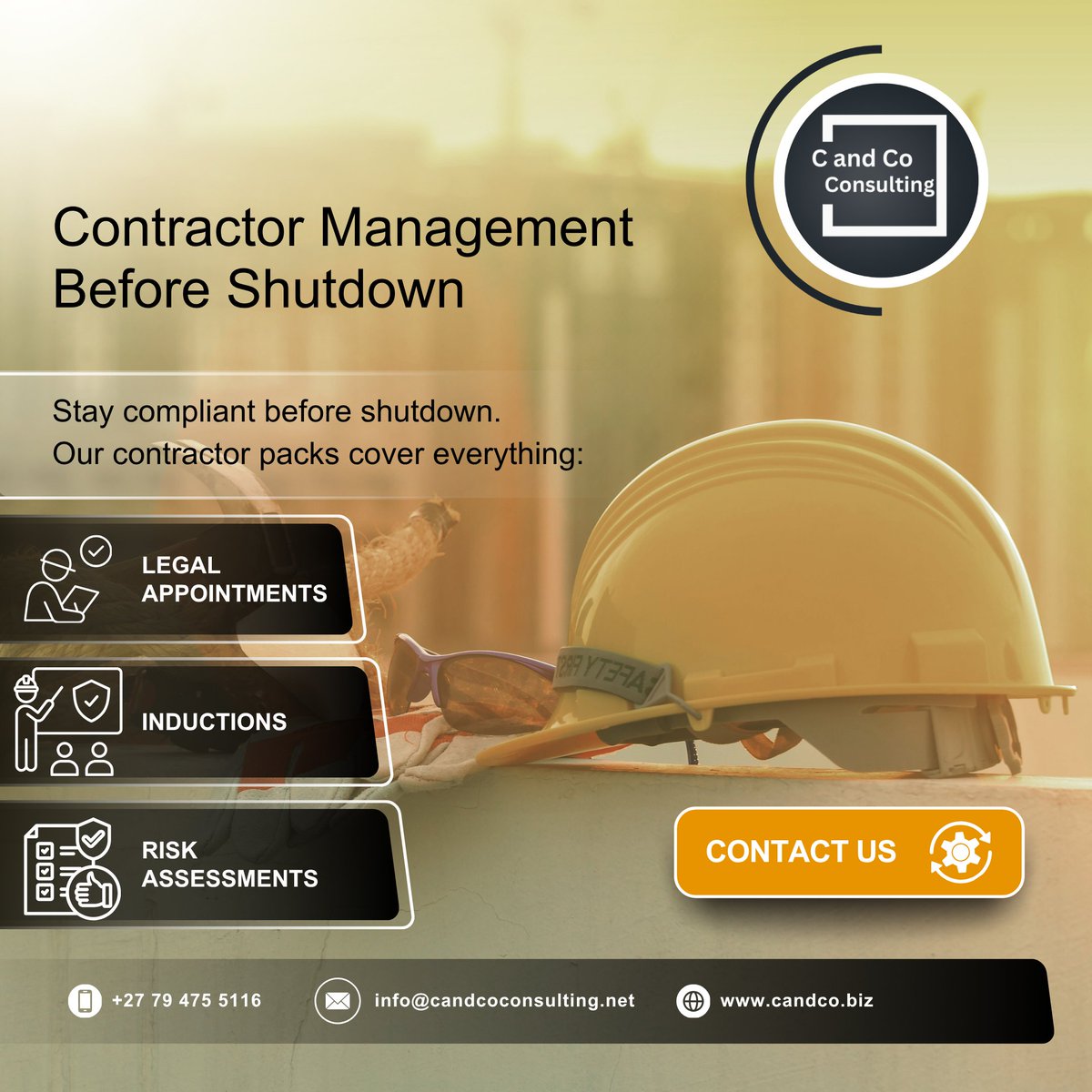 CandCoConsSA's tweet image. 🛠️ Ensure your contractors are 100% compliant before shutdown. We prepare complete contractor packs including legal appointments, inductions, and risk assessments.

👉 Get compliant today: candco.biz/services

#ContractorManagement #ComplianceReady