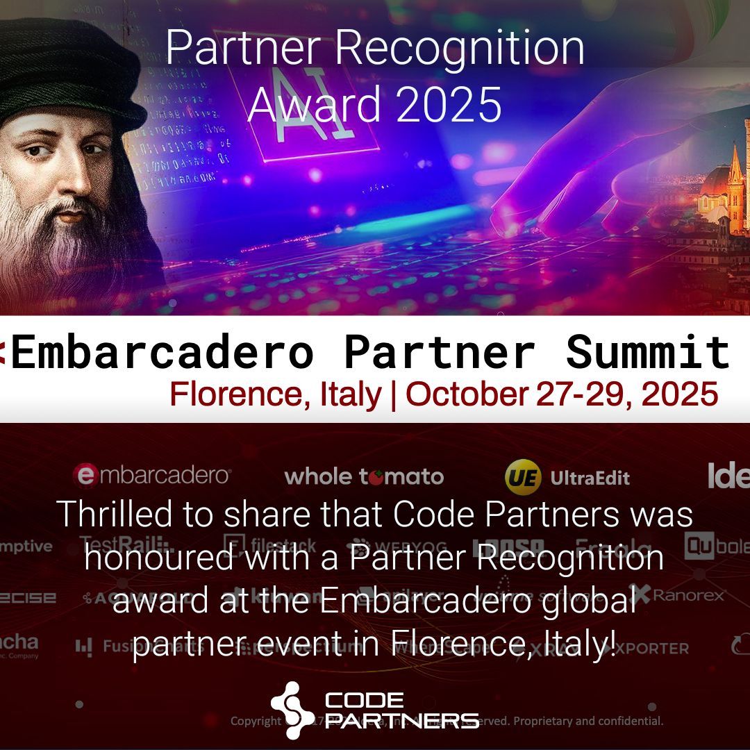 code_partners's tweet image. Excited to share that Code Partners was honored with a Partner Recognition award at the Embarcadero global partner event in Florence, Italy! 🇮🇹

A massive thank you to Embarcadero for this honour, and to our amazing customers!

code-partners.com/some-big-news-…