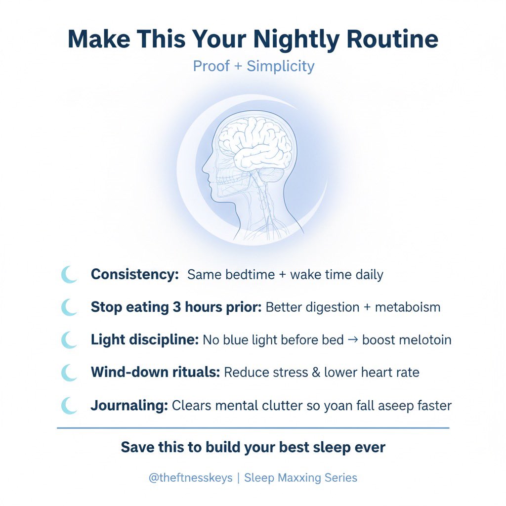 milesklauder's tweet image. Here’s a simple nightly routine that helps my clients:
✔️ Sleep deeper
✔️ Recover faster
✔️ Wake up more energized

Save this post &amp;amp; try it tonight 🛌
👇

#sleep #nighttimeroutine #fitnesskeys #biohacking #wellness #recovery #fitnesstips