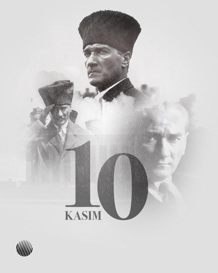 Black-and-white artistic portrait of Mustafa Kemal Atatürk wearing a traditional feathered hat and formal attire, positioned centrally with a determined expression, surrounded by faint misty overlays and multiple smaller inset images of him in military uniform saluting, with the large bold number 10 prominently displayed and the word Kasim in elegant script below it.