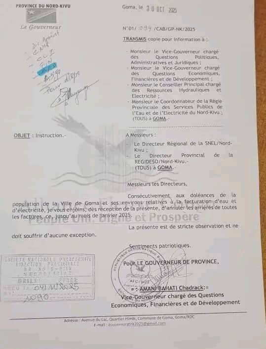 #RDC: Toutes les dettes d’eau et d’électricité [ Regideso -SNEL] des populations du Nord-Kivu/AFC-M23 d’avant février 2025 sont annulées afin de soulager la population qui souffrait! Instructions des autorités provinciales AFC/M23 du Nord-Kivu .