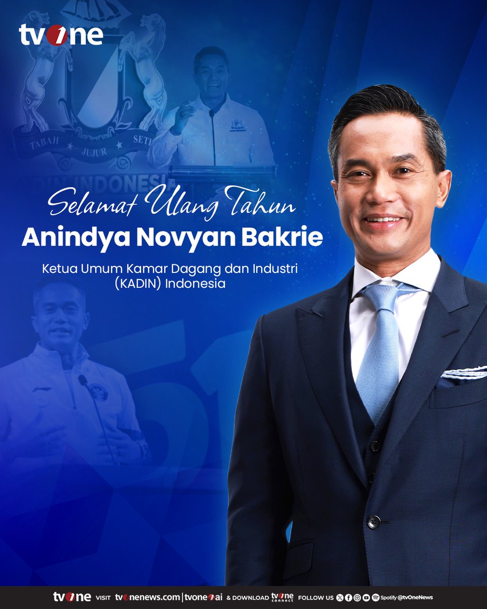 Kami segenap keluarga besar tvOne mengucapkan Selamat Ulang Tahun ke-51  kepada Ketua Umum Kamar Dagang dan Industri (KADIN) Indonesia Anindya  Novyan Bakrie. Semoga terus menginspirasi dan semangat dalam membangun  bangsa! #tvOne #AnindyaNovyanBakrie #, image size:960x1200