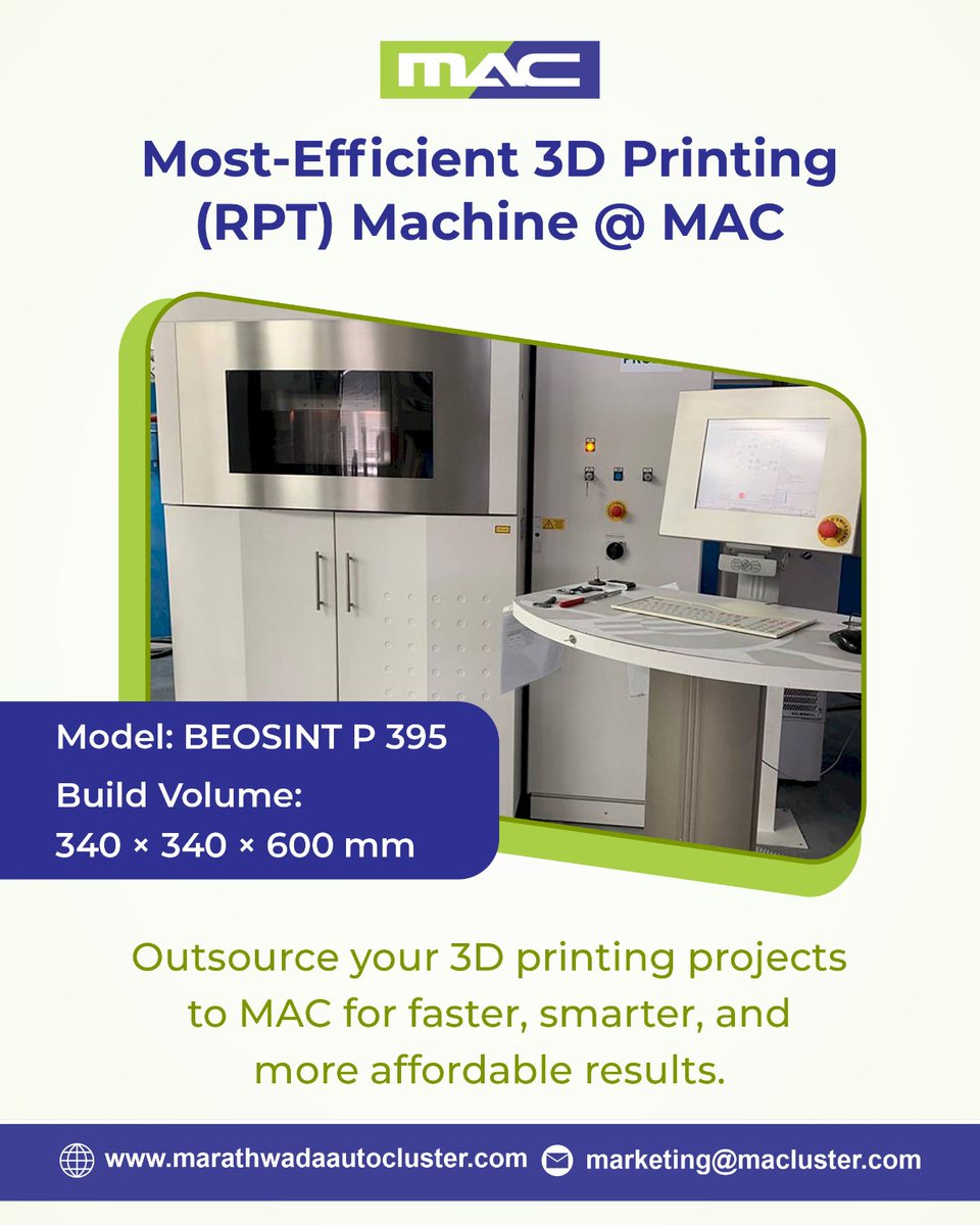 macaurangabad's tweet image. Transform your product development process with MAC’s most-efficient 3D Printing (RPT) Machine – BEOSINT P 395.

💡 Outsource your 3D printing projects to #MAC for faster turnaround, smarter engineering, and cost-effective results.

#3DPrinting #RapidPrototyping #Manufacturing