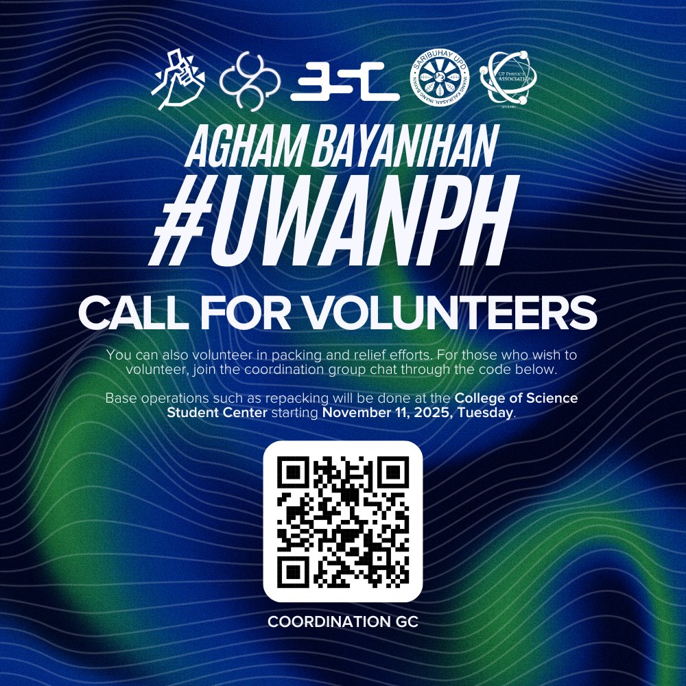 upphysics's tweet photo. DONATE AND VOLUNTEER FOR THE VICTIMS OF TYPHOON UWAN

#AghamBayanihan | The UP Physics Association, together with UPD STEM organizations, is organizing relief operations in response to the devastating impact of #TyphoonUwan. Donation and volunteer channels are open. https://t.co/6arh5jvvRZ