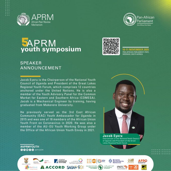aprm_ug's tweet image. Uganda's National Youth Council Chairperson, Mr. Jacob Eyeru, to speak at the #APRMYouth symposium this week in South Africa. @APRMorg @EmmaXfactor