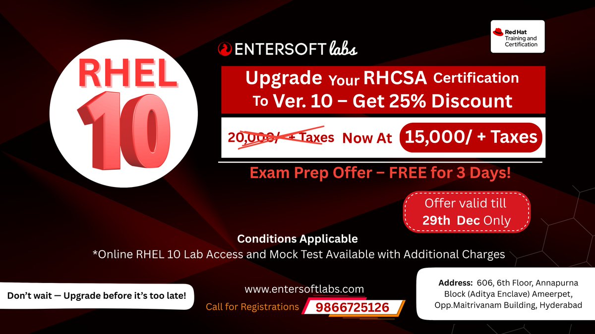 entersoftlabs's tweet image. 🎯 Upgrade to #RHCSA v10 &amp;amp; save 25%!
Boost your #LinuxAdmin skills with expert-led training.
💻 Online | 🧑‍💻 Labs + Mock Tests | ⏰ Offer ends Dec 29
👉 Upgrade before time runs out!
#RedHat  #Certification #ITTraining #RHCSAv10