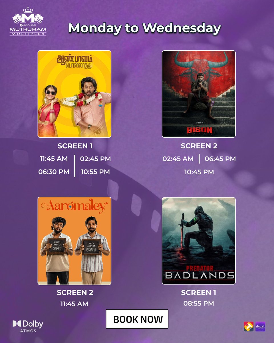 GrandeMultiplex's tweet photo. Book your tickets now - https://t.co/yfGd63lT9k
#Bison #AanPaavamPollathathu #Aaromaley #prediator #nellai #grandemuthurammultiplex #tirunelveli https://t.co/5lxDJm5grJ