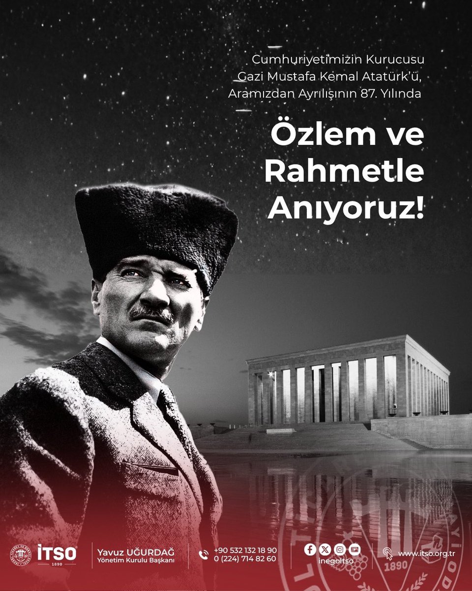 Cumhuriyetimizin kurucusu, Gazi Mustafa Kemal Atatürk’ü ebediyete intikalinin 87. yılında saygı, özlem ve minnetle anıyoruz.