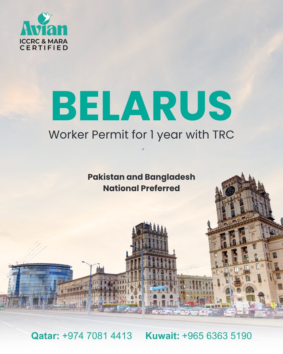 AvianGlobal's tweet photo. 🇧🇾 Work in Belarus – Your Gateway to European Opportunities! 

✅ 1-year legal work permit
✅ TRC (Temporary Residence Card) included
✅ Fast &amp; transparent processing
✅ Pakistan and Bangladesh nationals preferred
✅ Full documentation and visa assistance

#BelarusJobs https://t.co/yo9Ey5nCLl
