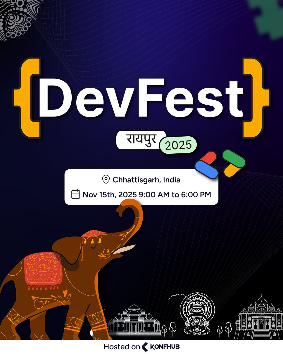 KonfHub's tweet image. 🚀 Developers, innovators, change-makers — this one’s for you!

📅 15 November 2025
🕘 9:00 AM – 6:00 PM IST
📍 Raipur, Chhattisgarh 

Don’t just attend. Learn. Connect. Create what’s next.
🔗 konfhub.com/devfest-raipur…

#DevFestRaipur #DeveloperConference #TechCommunity #WebDev