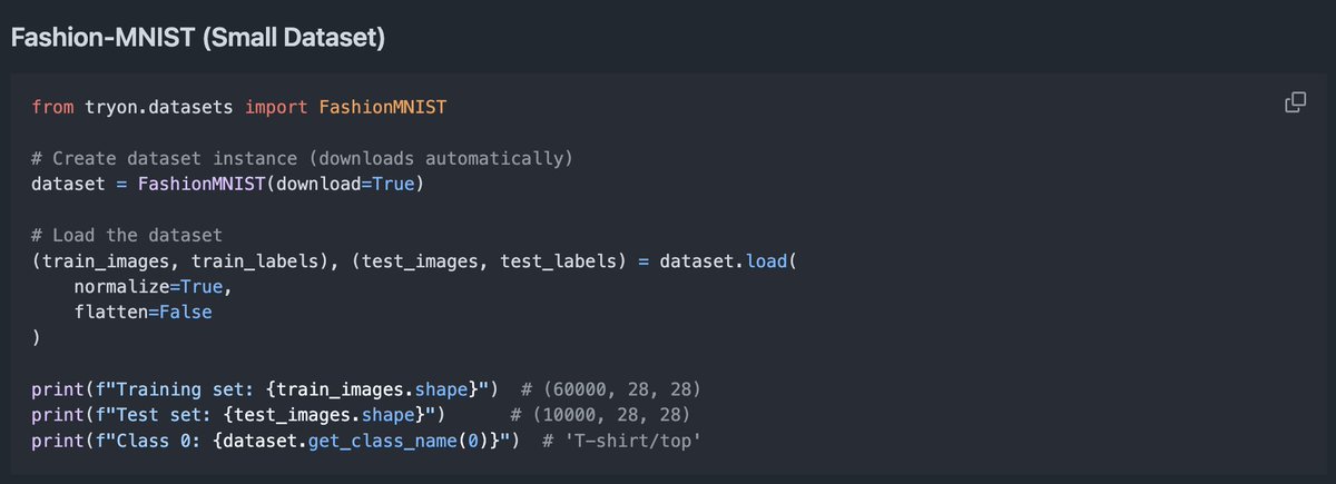 Ahkailash1's tweet image. 🚀 New release in OpenTryOn — introducing the datasets module 🎉

Access Fashion-MNIST and VITON-HD in just a few lines of code.

Train or test your fashion AI models faster than ever.

🧵👇 #OpenTryOn #AIinFashion #OpenSourceAI