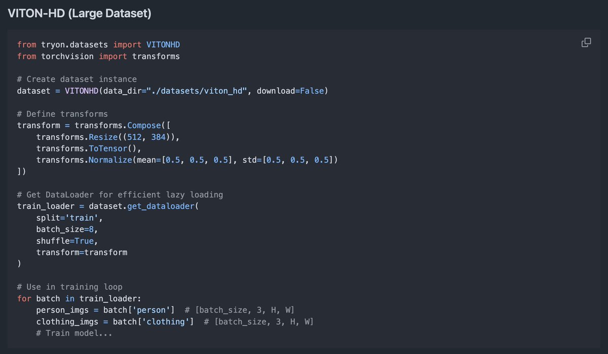 Ahkailash1's tweet image. 🚀 New release in OpenTryOn — introducing the datasets module 🎉

Access Fashion-MNIST and VITON-HD in just a few lines of code.

Train or test your fashion AI models faster than ever.

🧵👇 #OpenTryOn #AIinFashion #OpenSourceAI