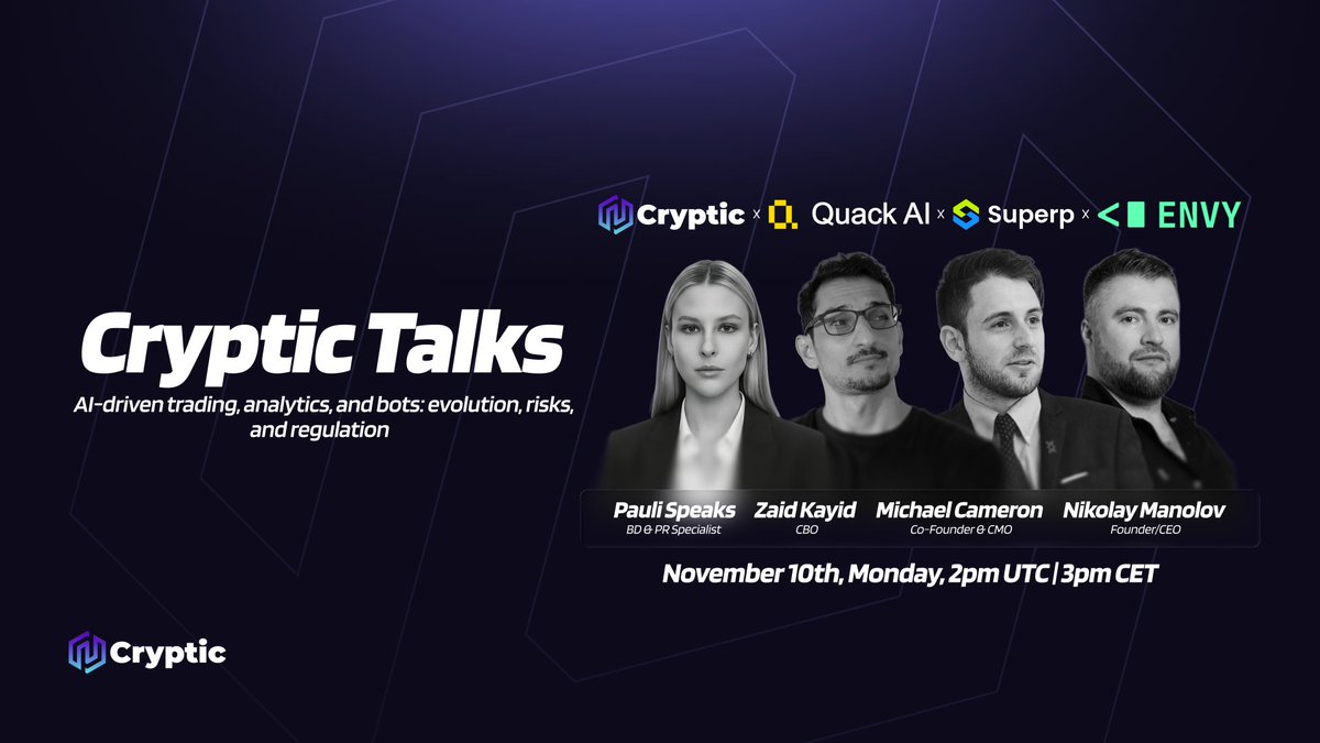 EmmyDre01's tweet photo. 🎙 Cryptic Talks with @QuackAI_AI x @Superp_xyz x @nvprotocol!

Topic: AI-Driven Trading, Analytics &amp; Bots — Evolution, Risks &amp; Regulation

🗓 Mon, Nov 10 | ⏰ 2PM UTC
Host: @pauli_speaks

Guests: @RiiixEth | @mikesjcameron | @riftman101

🔗 Join live — don’t miss it! 🚀 https://t.co/wp0dMxYEjn