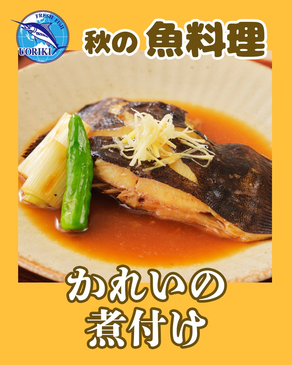 #魚力 おすすめ　🍁秋の #魚料理🍁

しっとりと煮汁が染み込んだ
✨️#かれいの煮つけ✨️　はいかがでしょう😋

調理前に全体に薄く塩をふって、10～15分ほど置くのがコツ！　出てきた水分をキッチンペーパーで優しく拭き取ってから調理してみて。臭みが消えて、味の染み込みが良くなります😀

#和食