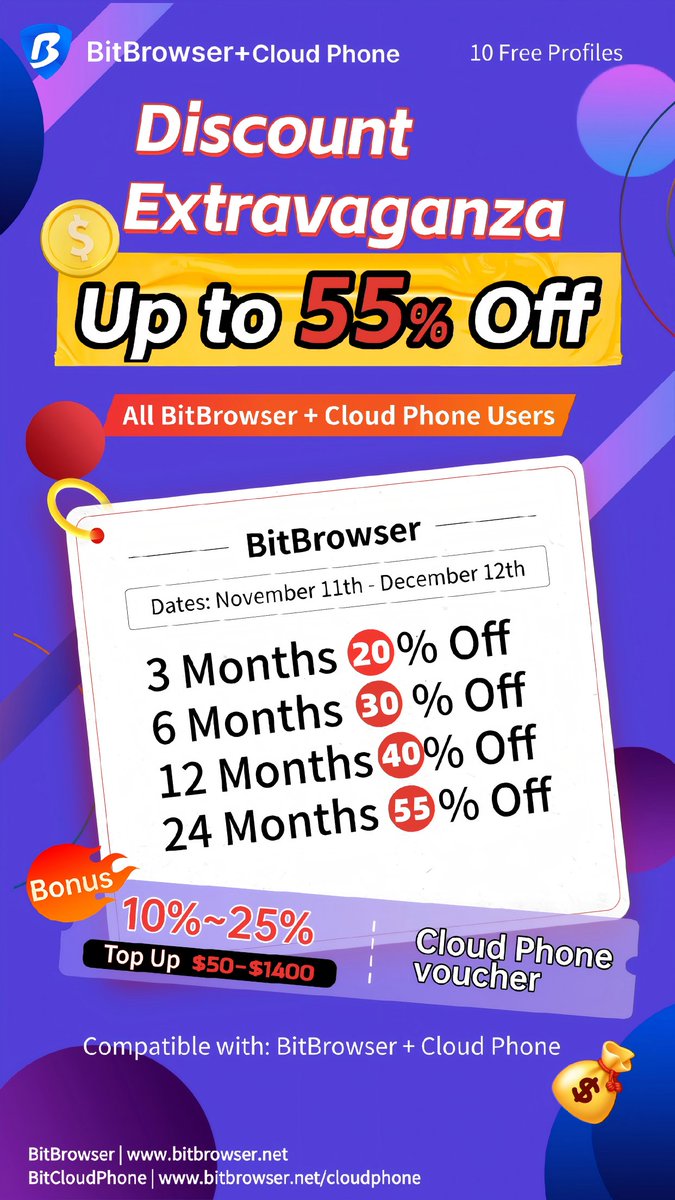 BitBrowser2's tweet image. 🎉 November Spectacular is coming!
💻 #BitBrowser &amp;amp; #BitCloudPhone up to 55% OFF!
🗓 Nov 11 – Dec 12
💰 Recharge to get extra Cloud Phone vouchers (up to 25%)!
👉 Don’t miss it → bitbrowser.net
#NovemberSpectacular #DiscountExtravaganza #BlackFridayDeals
